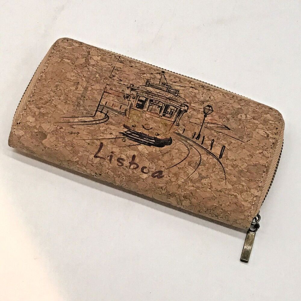Lisboa Tan Cork Zip Around Wallet Trolley Car Lisbon Portugal CC Cash Organizer